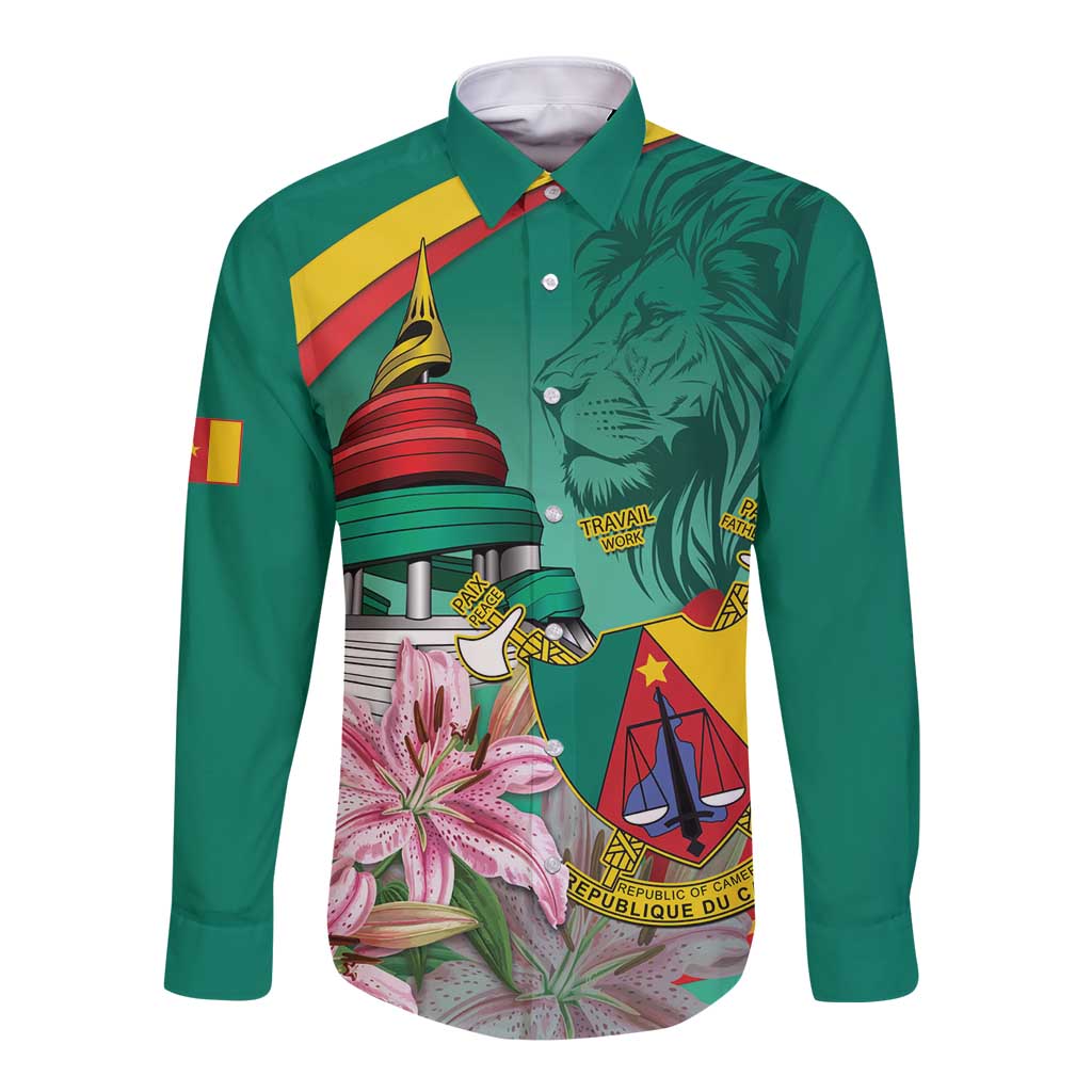 Cameroon National Day Long Sleeve Button Shirt Cameroun Reunification Monument Lily Flowers