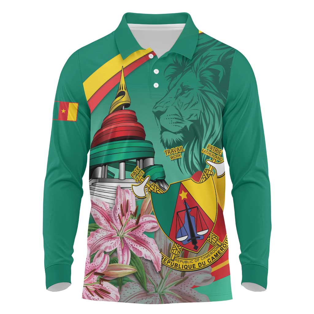 Cameroon National Day Long Sleeve Polo Shirt Cameroun Reunification Monument Lily Flowers