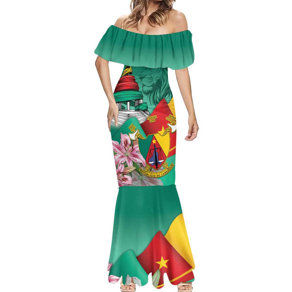 Comoros Mermaid Dress - National Flag Lemur Design and Ylang Ylang Flower Pattern TS04