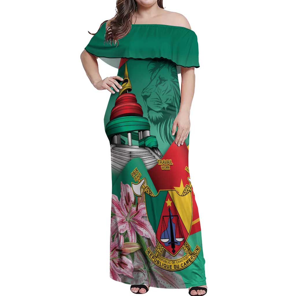 Cameroon National Day Off Shoulder Maxi Dress Cameroun Reunification Monument Lily Flowers