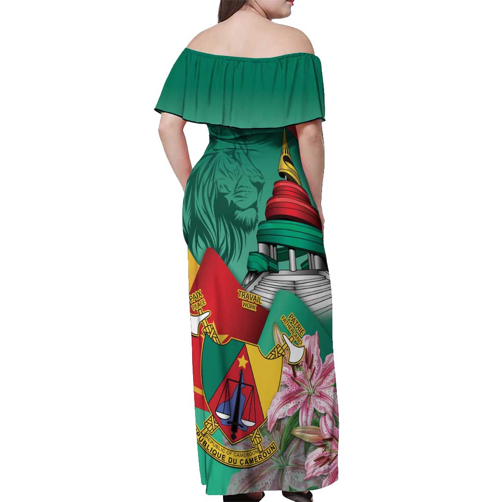 Cameroon National Day Off Shoulder Maxi Dress Cameroun Reunification Monument Lily Flowers