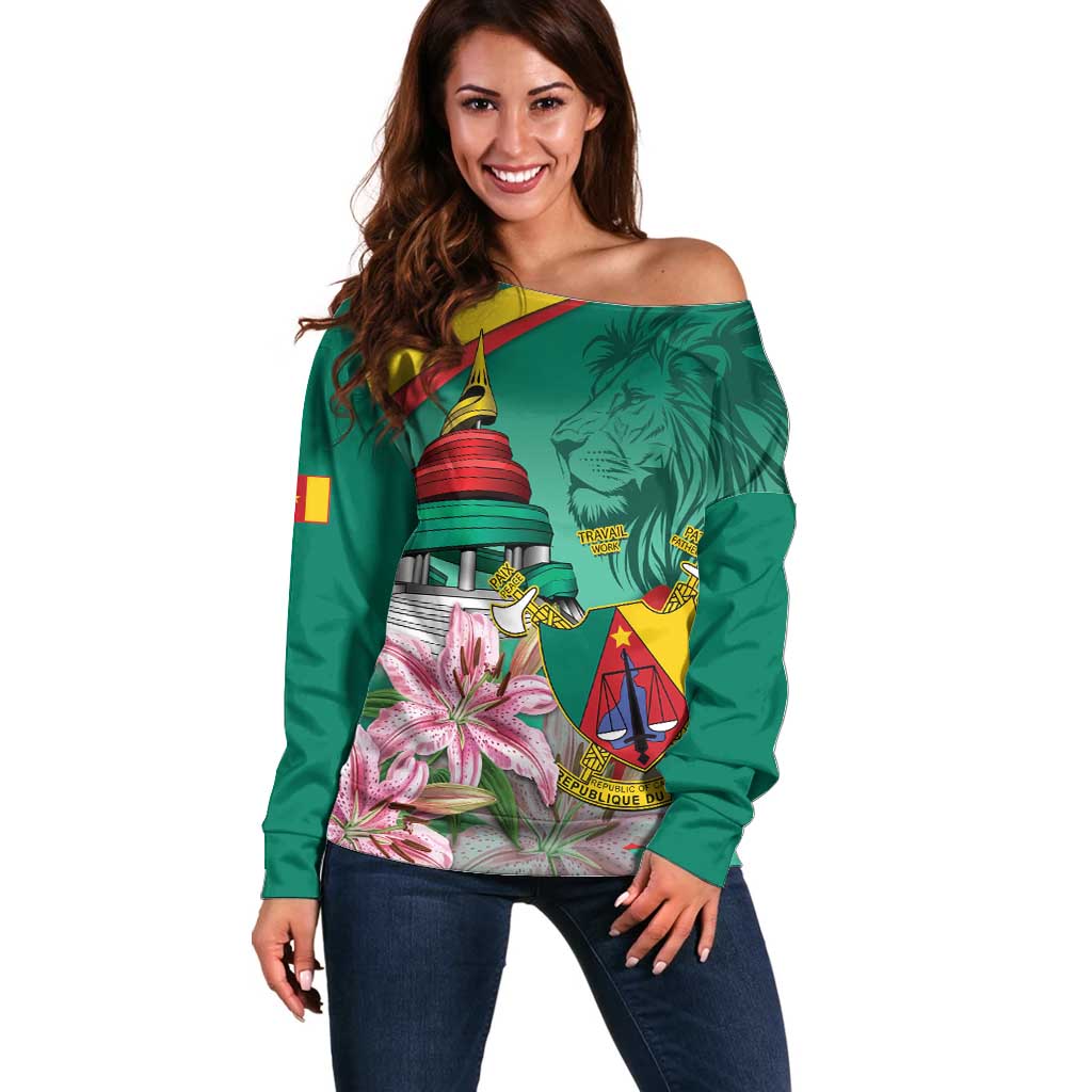 Cameroon National Day Off Shoulder Sweater Cameroun Reunification Monument Lily Flowers