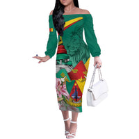 Cameroon National Day Off The Shoulder Long Sleeve Dress Cameroun Reunification Monument Lily Flowers