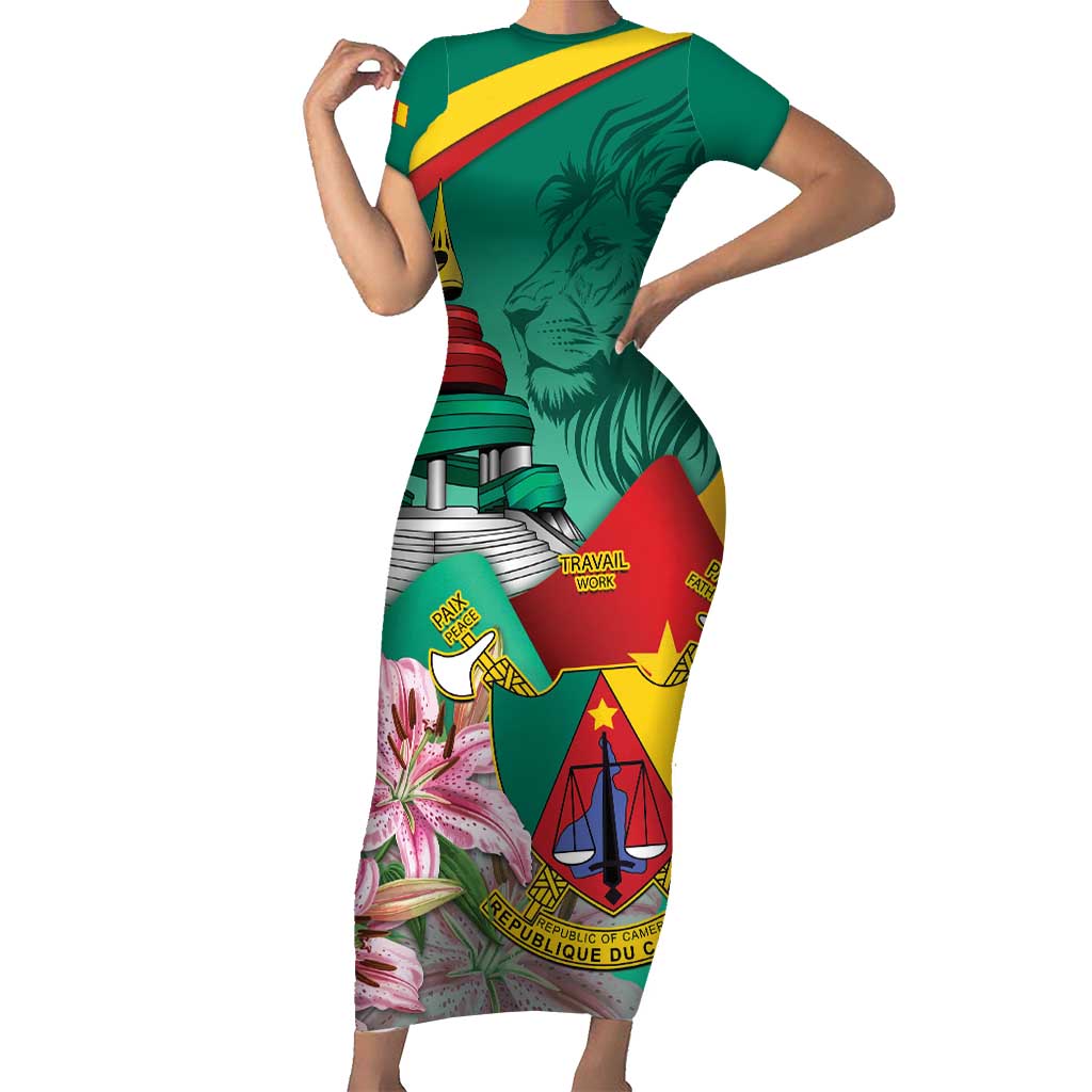 Cameroon National Day Short Sleeve Bodycon Dress Cameroun Reunification Monument Lily Flowers
