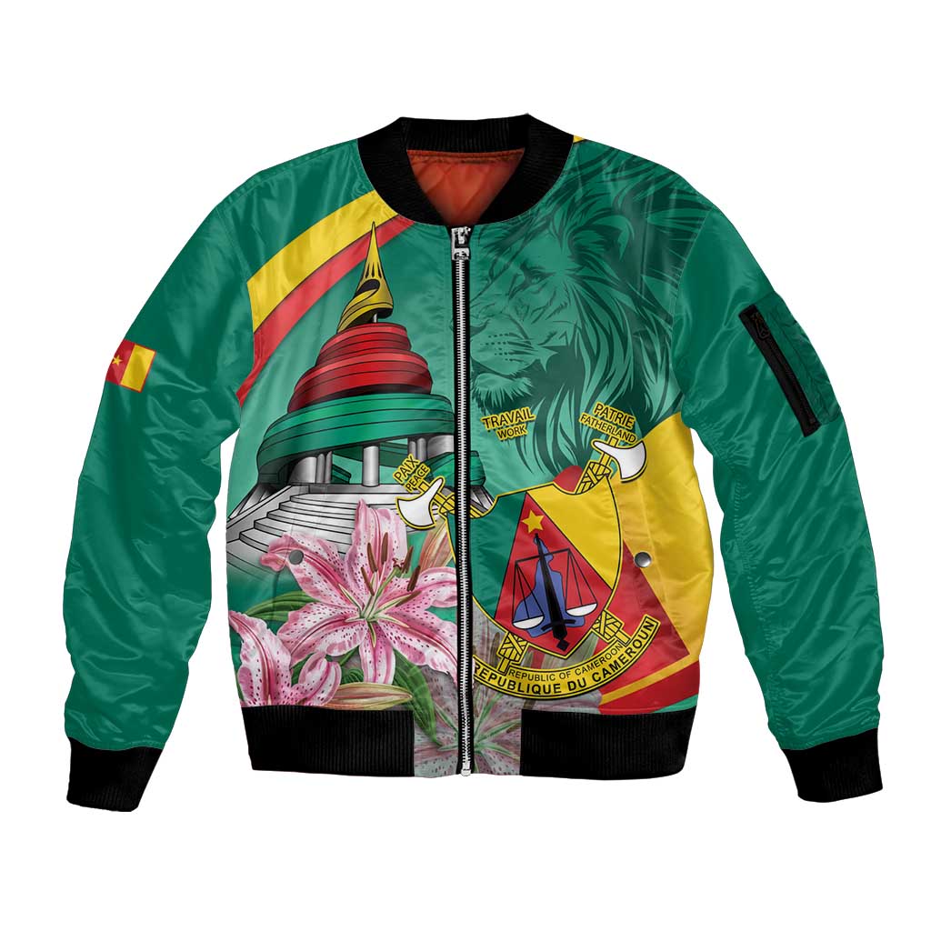 Cameroon National Day Sleeve Zip Bomber Jacket Cameroun Reunification Monument Lily Flowers