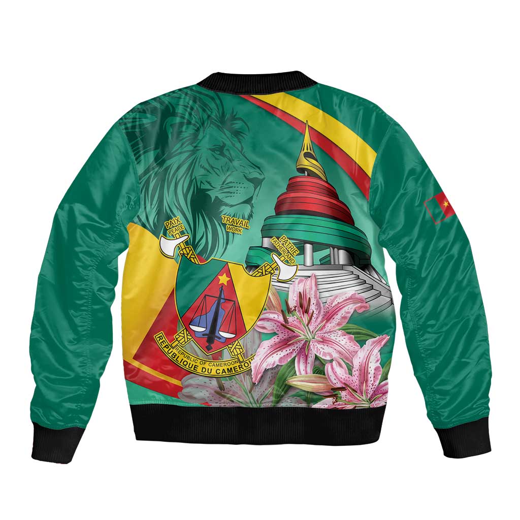 Cameroon National Day Sleeve Zip Bomber Jacket Cameroun Reunification Monument Lily Flowers