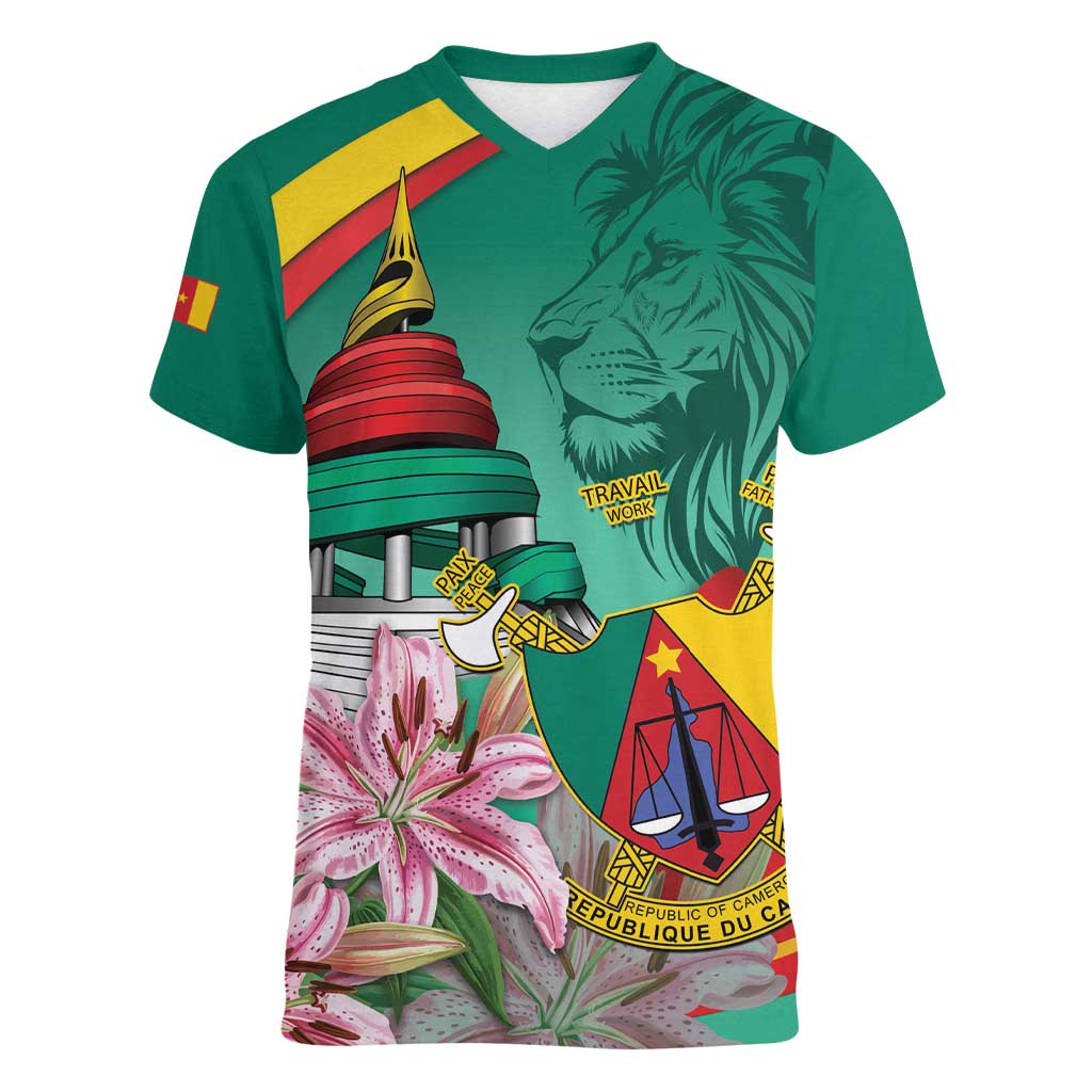 Cameroon National Day Women V-Neck T-Shirt Cameroun Reunification Monument Lily Flowers