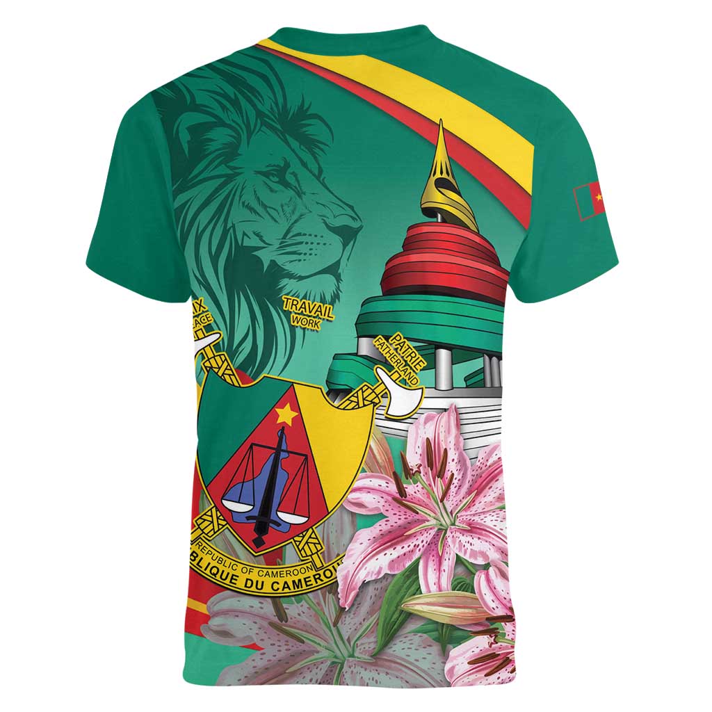 Cameroon National Day Women V-Neck T-Shirt Cameroun Reunification Monument Lily Flowers