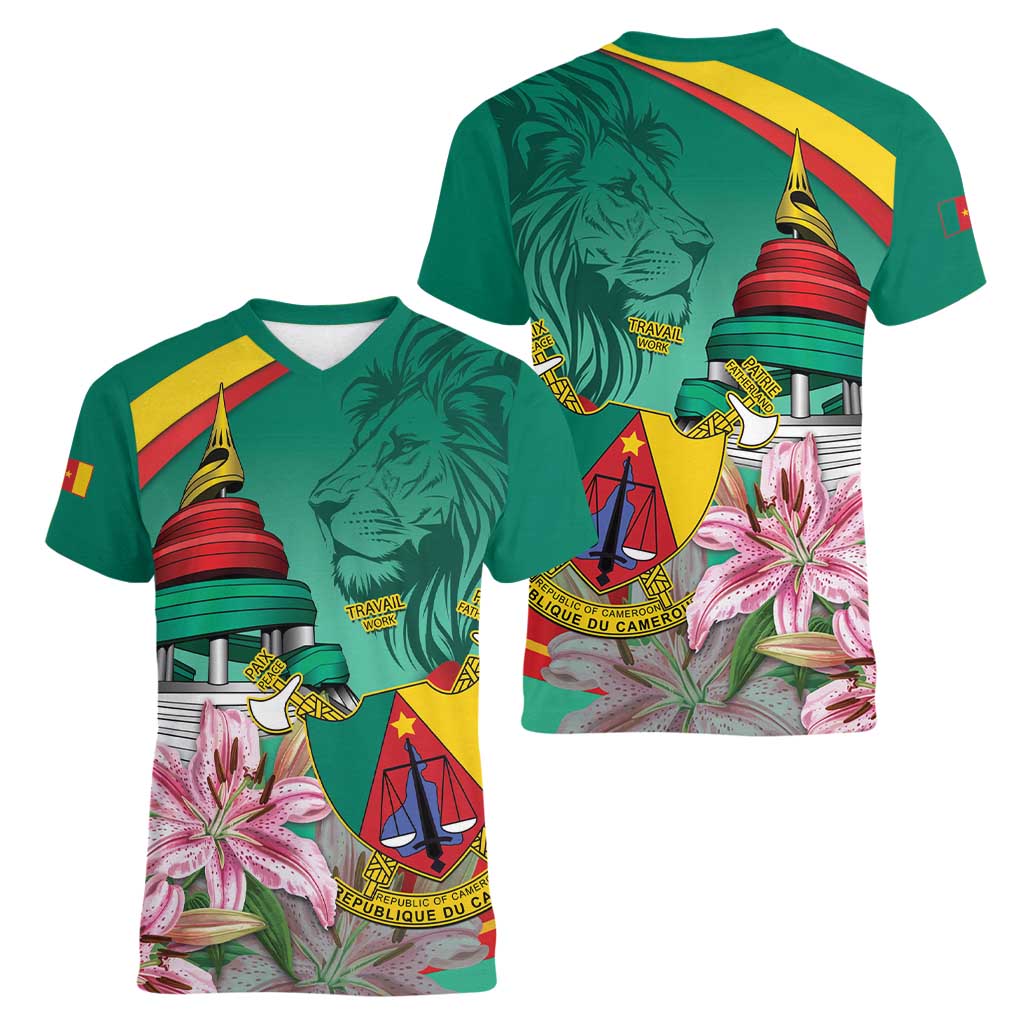 Cameroon National Day Women V-Neck T-Shirt Cameroun Reunification Monument Lily Flowers