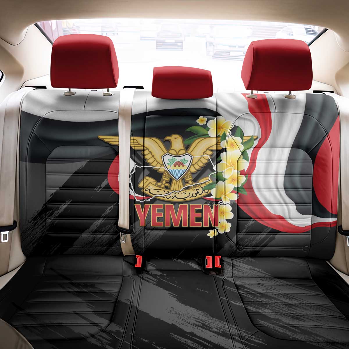 Yemen Unification Day Back Car Seat Cover Coat Of Arms With Frangipani