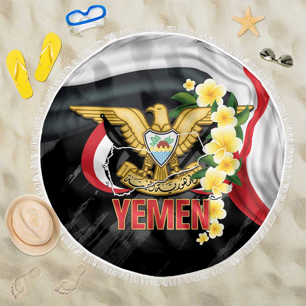 Yemen Unification Day Beach Blanket Coat Of Arms With Frangipani