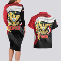 Yemen Unification Day Couples Matching Long Sleeve Bodycon Dress and Hawaiian Shirt Coat Of Arms With Frangipani