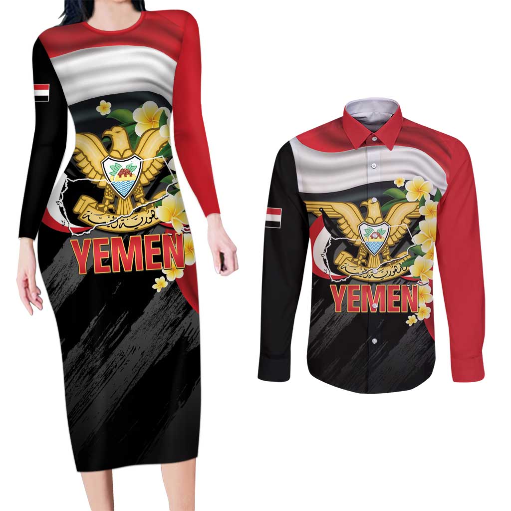 Yemen Unification Day Couples Matching Long Sleeve Bodycon Dress and Long Sleeve Button Shirt Coat Of Arms With Frangipani