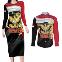 Yemen Unification Day Couples Matching Long Sleeve Bodycon Dress and Long Sleeve Button Shirt Coat Of Arms With Frangipani