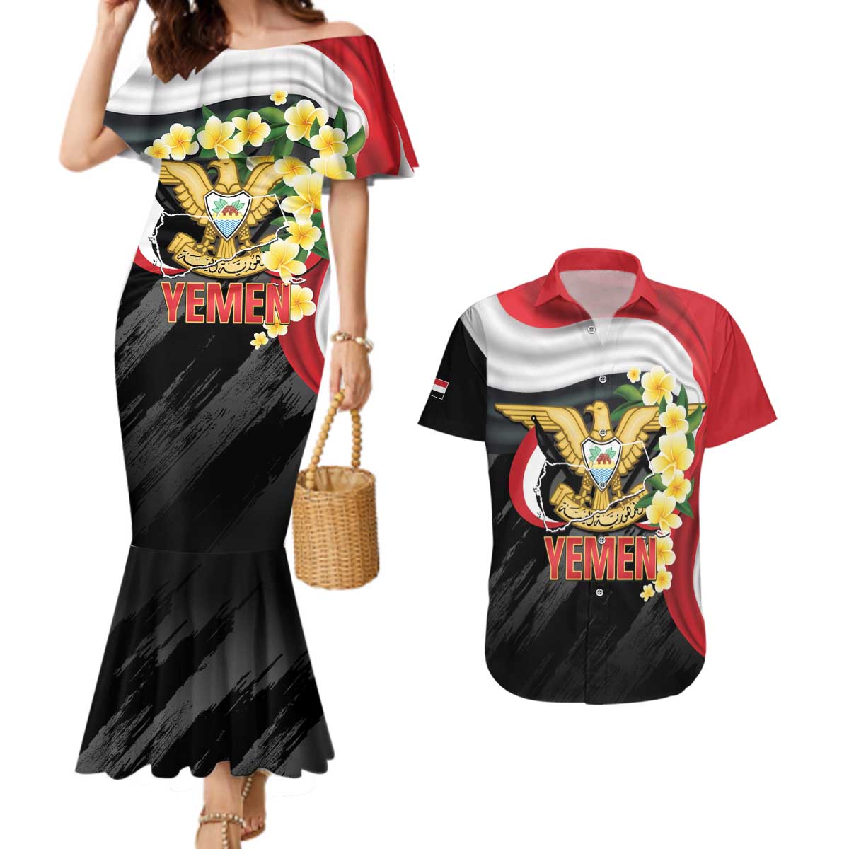 Yemen Unification Day Couples Matching Mermaid Dress and Hawaiian Shirt Coat Of Arms With Frangipani