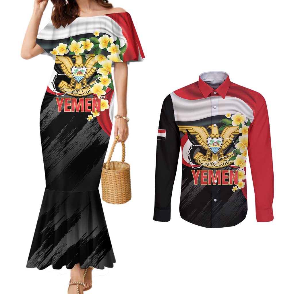 Yemen Unification Day Couples Matching Mermaid Dress and Long Sleeve Button Shirt Coat Of Arms With Frangipani