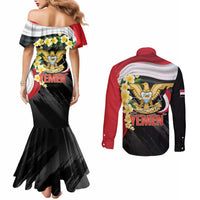 Yemen Unification Day Couples Matching Mermaid Dress and Long Sleeve Button Shirt Coat Of Arms With Frangipani