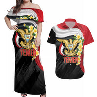 Yemen Unification Day Couples Matching Off Shoulder Maxi Dress and Hawaiian Shirt Coat Of Arms With Frangipani