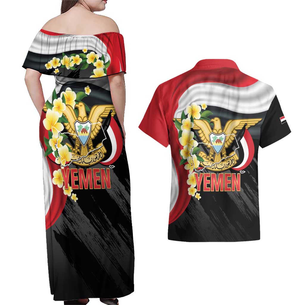 Yemen Unification Day Couples Matching Off Shoulder Maxi Dress and Hawaiian Shirt Coat Of Arms With Frangipani