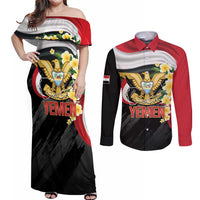 Yemen Unification Day Couples Matching Off Shoulder Maxi Dress and Long Sleeve Button Shirt Coat Of Arms With Frangipani