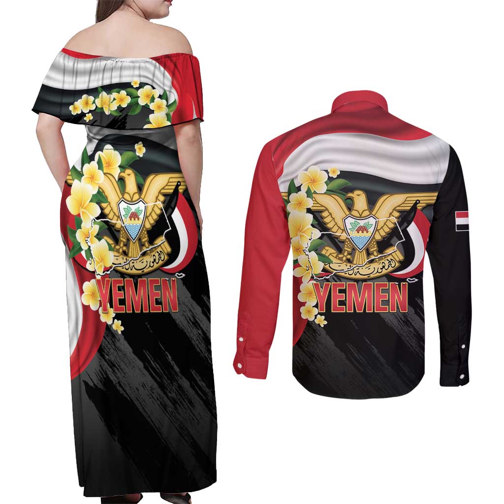 Yemen Unification Day Couples Matching Off Shoulder Maxi Dress and Long Sleeve Button Shirt Coat Of Arms With Frangipani