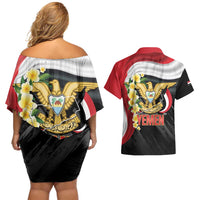 Yemen Unification Day Couples Matching Off Shoulder Short Dress and Hawaiian Shirt Coat Of Arms With Frangipani