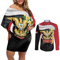Yemen Unification Day Couples Matching Off Shoulder Short Dress and Long Sleeve Button Shirt Coat Of Arms With Frangipani