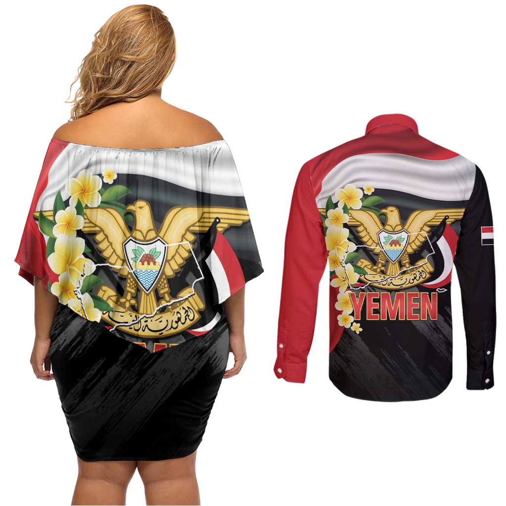 Yemen Unification Day Couples Matching Off Shoulder Short Dress and Long Sleeve Button Shirt Coat Of Arms With Frangipani