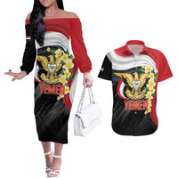 Yemen Unification Day Couples Matching Off The Shoulder Long Sleeve Dress and Hawaiian Shirt Coat Of Arms With Frangipani