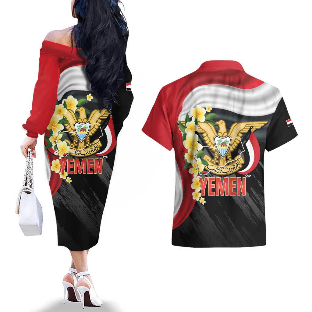 Yemen Unification Day Couples Matching Off The Shoulder Long Sleeve Dress and Hawaiian Shirt Coat Of Arms With Frangipani