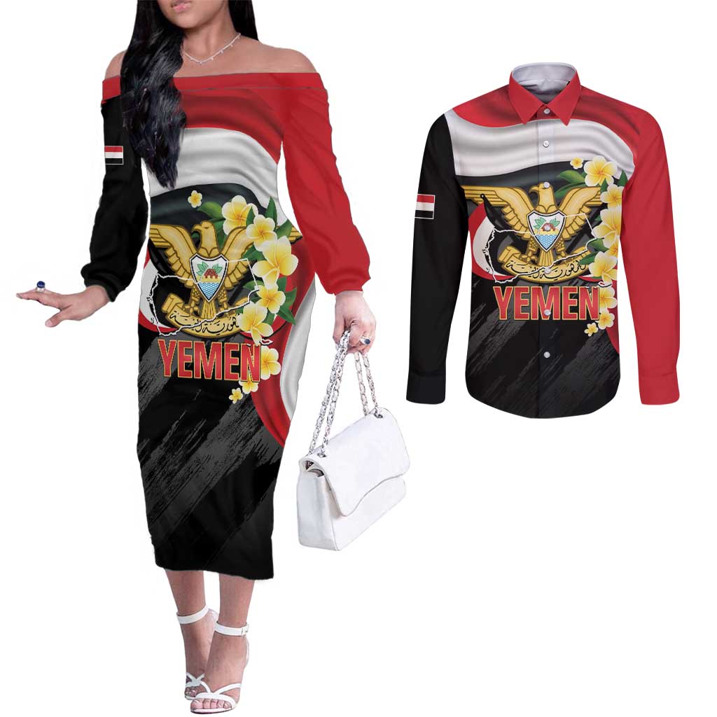 Yemen Unification Day Couples Matching Off The Shoulder Long Sleeve Dress and Long Sleeve Button Shirt Coat Of Arms With Frangipani