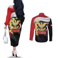 Yemen Unification Day Couples Matching Off The Shoulder Long Sleeve Dress and Long Sleeve Button Shirt Coat Of Arms With Frangipani