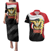 Yemen Unification Day Couples Matching Puletasi and Hawaiian Shirt Coat Of Arms With Frangipani