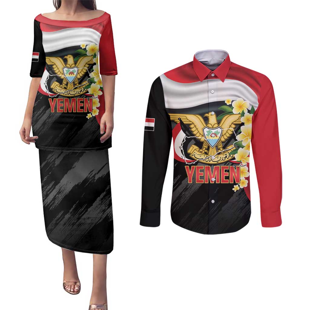 Yemen Unification Day Couples Matching Puletasi and Long Sleeve Button Shirt Coat Of Arms With Frangipani