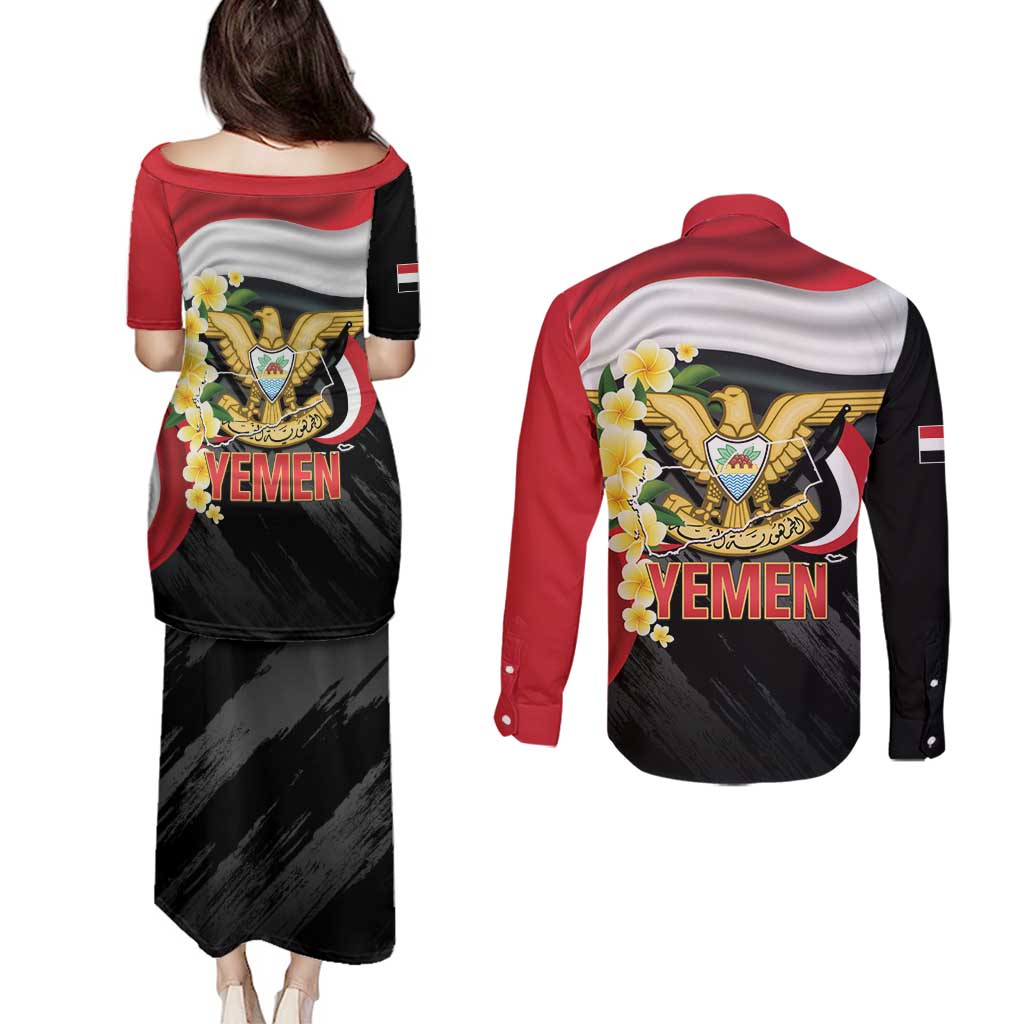 Yemen Unification Day Couples Matching Puletasi and Long Sleeve Button Shirt Coat Of Arms With Frangipani