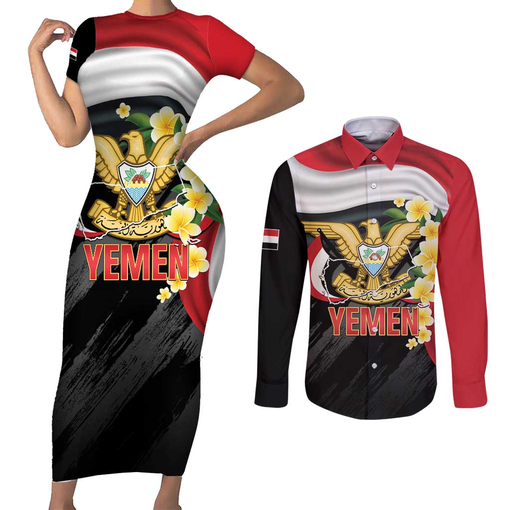 Yemen Unification Day Couples Matching Short Sleeve Bodycon Dress and Long Sleeve Button Shirt Coat Of Arms With Frangipani