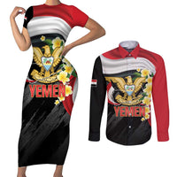 Yemen Unification Day Couples Matching Short Sleeve Bodycon Dress and Long Sleeve Button Shirt Coat Of Arms With Frangipani