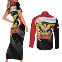 Yemen Unification Day Couples Matching Short Sleeve Bodycon Dress and Long Sleeve Button Shirt Coat Of Arms With Frangipani