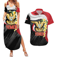 Yemen Unification Day Couples Matching Summer Maxi Dress and Hawaiian Shirt Coat Of Arms With Frangipani