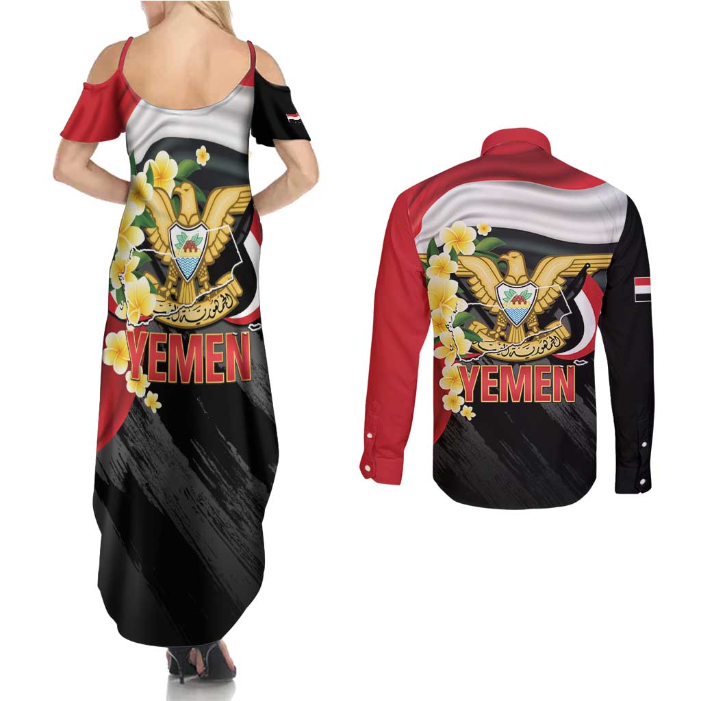 Yemen Unification Day Couples Matching Summer Maxi Dress and Long Sleeve Button Shirt Coat Of Arms With Frangipani