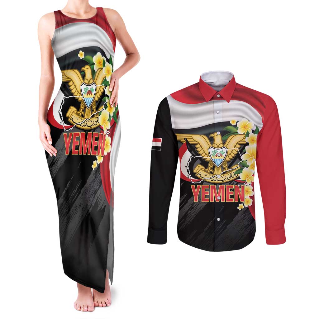 Yemen Unification Day Couples Matching Tank Maxi Dress and Long Sleeve Button Shirt Coat Of Arms With Frangipani