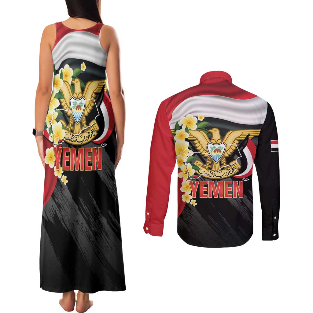 Yemen Unification Day Couples Matching Tank Maxi Dress and Long Sleeve Button Shirt Coat Of Arms With Frangipani