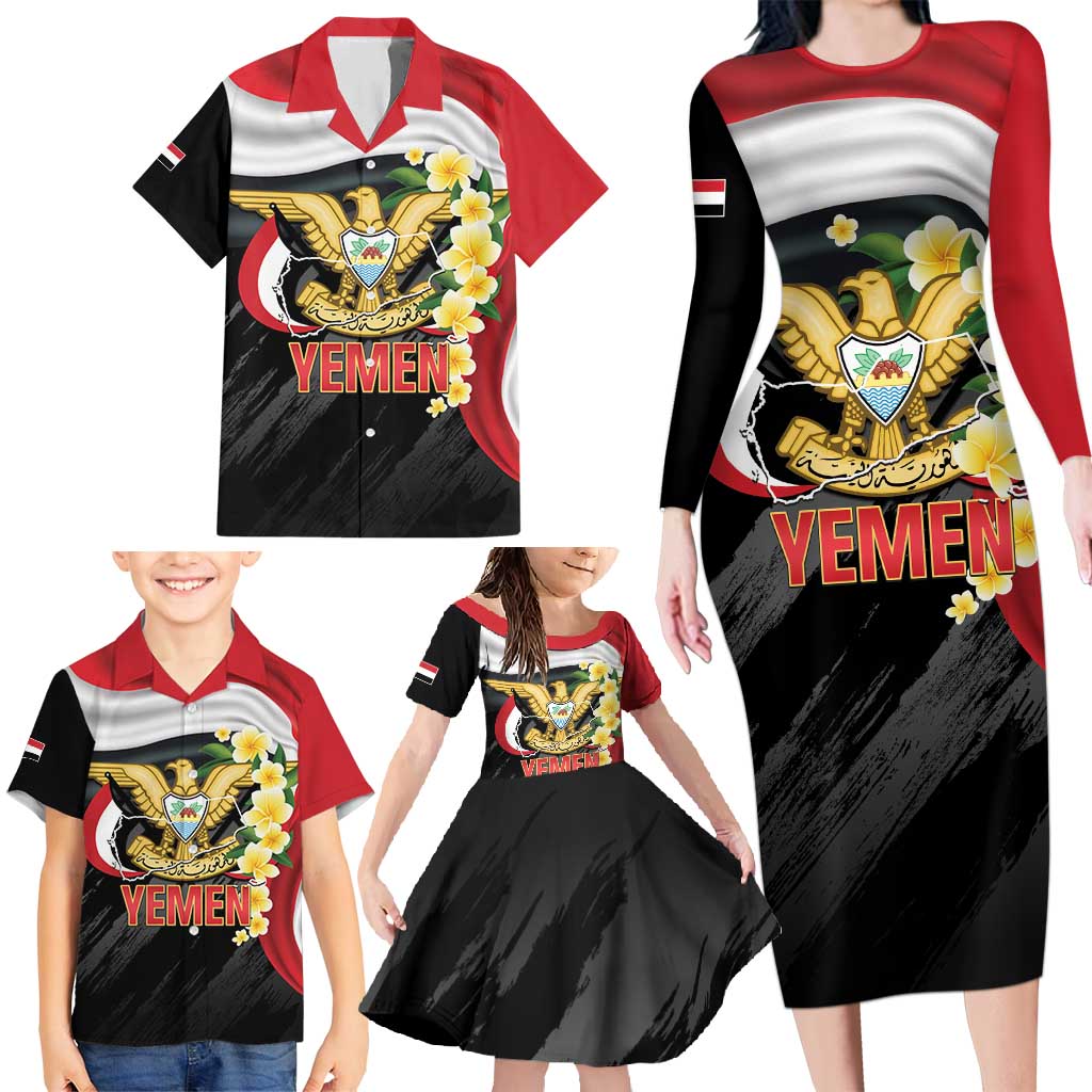 Yemen Unification Day Family Matching Long Sleeve Bodycon Dress and Hawaiian Shirt Coat Of Arms With Frangipani