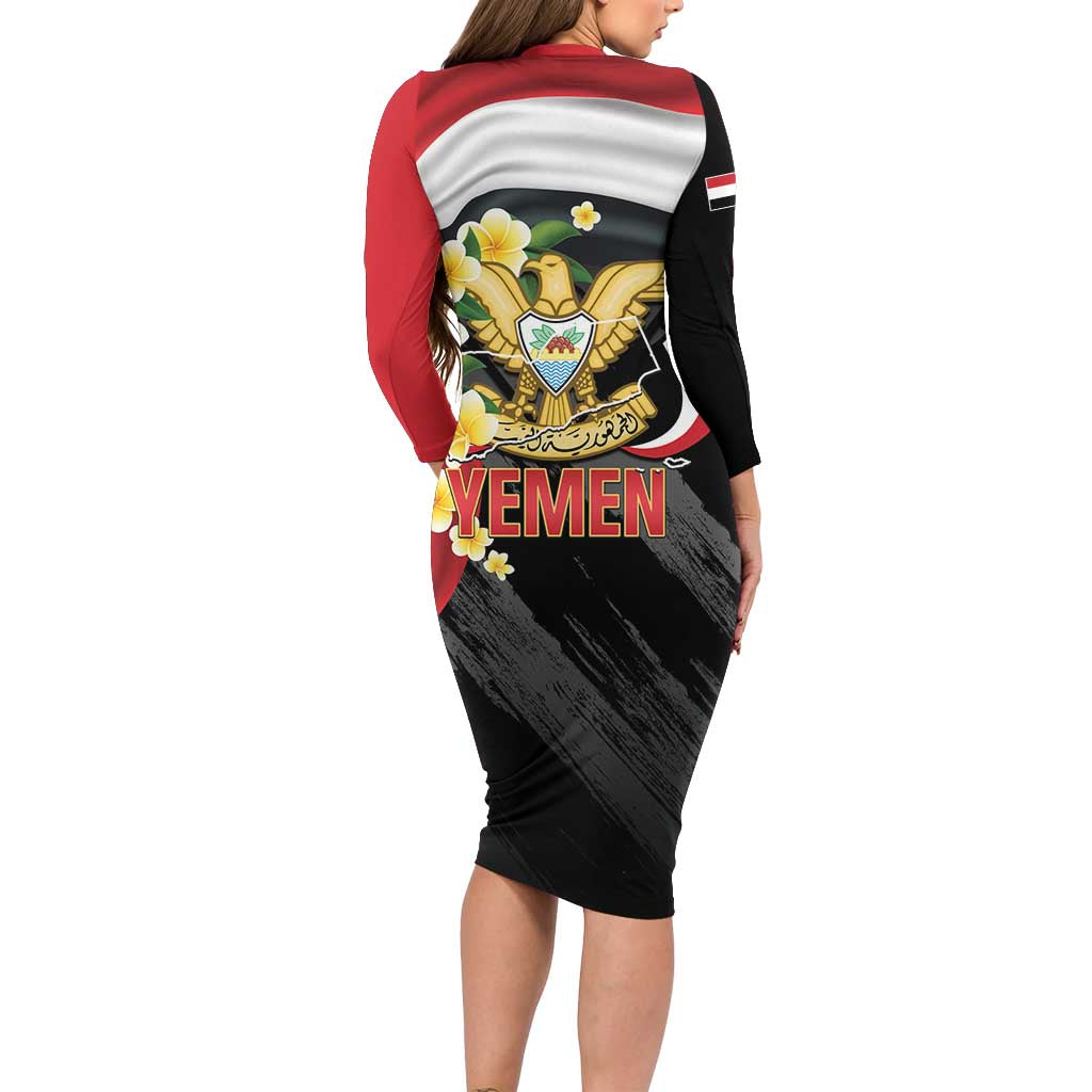 Yemen Unification Day Family Matching Long Sleeve Bodycon Dress and Hawaiian Shirt Coat Of Arms With Frangipani