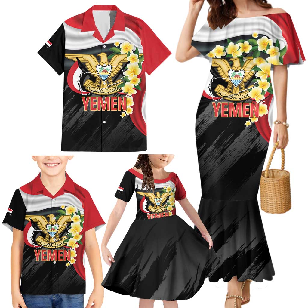 Yemen Unification Day Family Matching Mermaid Dress and Hawaiian Shirt Coat Of Arms With Frangipani