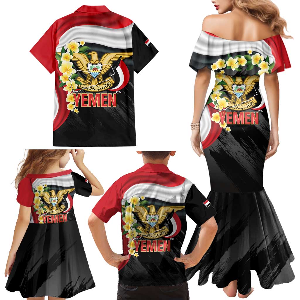 Yemen Unification Day Family Matching Mermaid Dress and Hawaiian Shirt Coat Of Arms With Frangipani