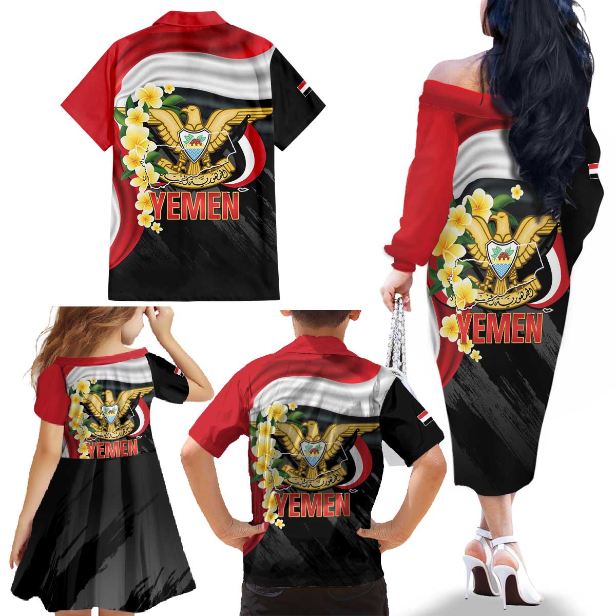 Yemen Unification Day Family Matching Off The Shoulder Long Sleeve Dress and Hawaiian Shirt Coat Of Arms With Frangipani