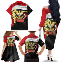 Yemen Unification Day Family Matching Off The Shoulder Long Sleeve Dress and Hawaiian Shirt Coat Of Arms With Frangipani