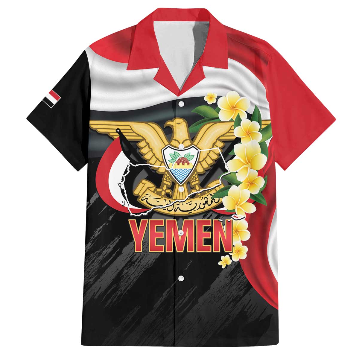 Yemen Unification Day Family Matching Off The Shoulder Long Sleeve Dress and Hawaiian Shirt Coat Of Arms With Frangipani