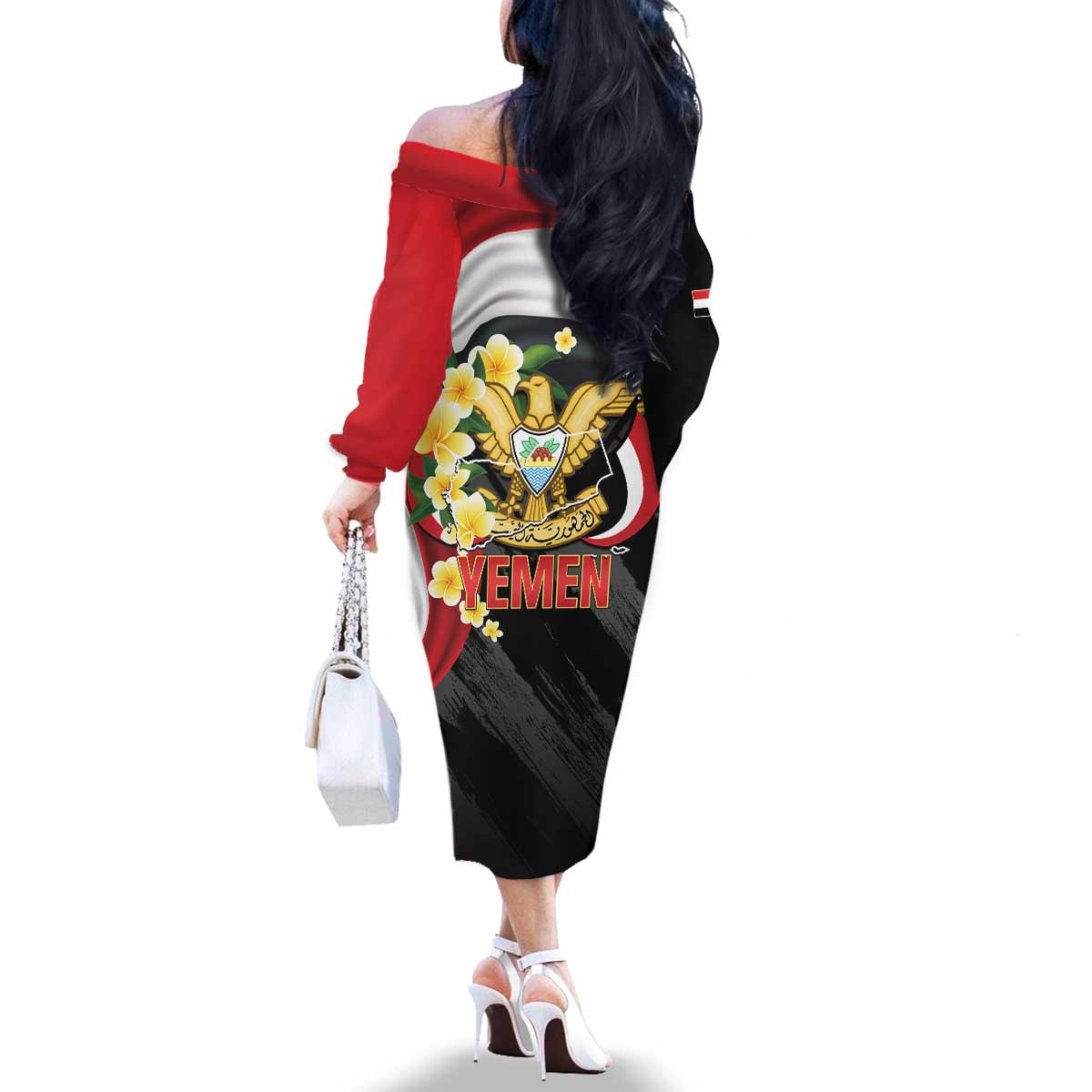 Yemen Unification Day Family Matching Off The Shoulder Long Sleeve Dress and Hawaiian Shirt Coat Of Arms With Frangipani
